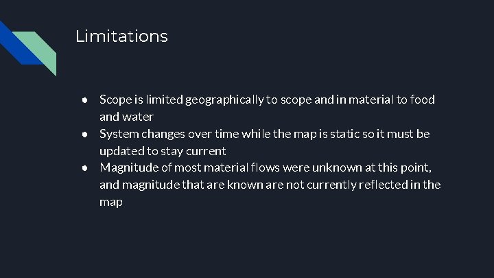 Limitations ● Scope is limited geographically to scope and in material to food and