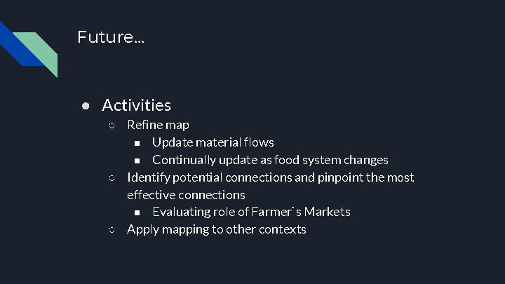 Future. . . ● Activities ○ Refine map ■ Update material flows ■ Continually