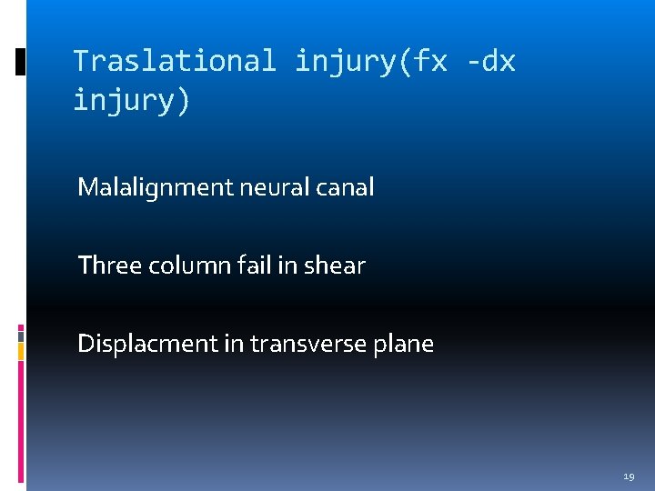 Traslational injury(fx -dx injury) Malalignment neural canal Three column fail in shear Displacment in