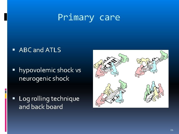 Primary care ABC and ATLS hypovolemic shock vs neurogenic shock Log rolling technique and