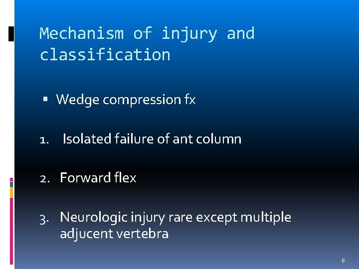 Mechanism of injury and classification Wedge compression fx 1. Isolated failure of ant column