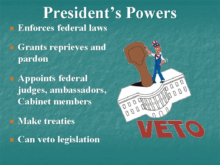 President’s Powers n Enforces federal laws n Grants reprieves and pardon n Appoints federal