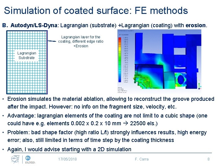 Simulation of coated surface: FE methods B. Autodyn/LS-Dyna: Lagrangian (substrate) +Lagrangian (coating) with erosion.