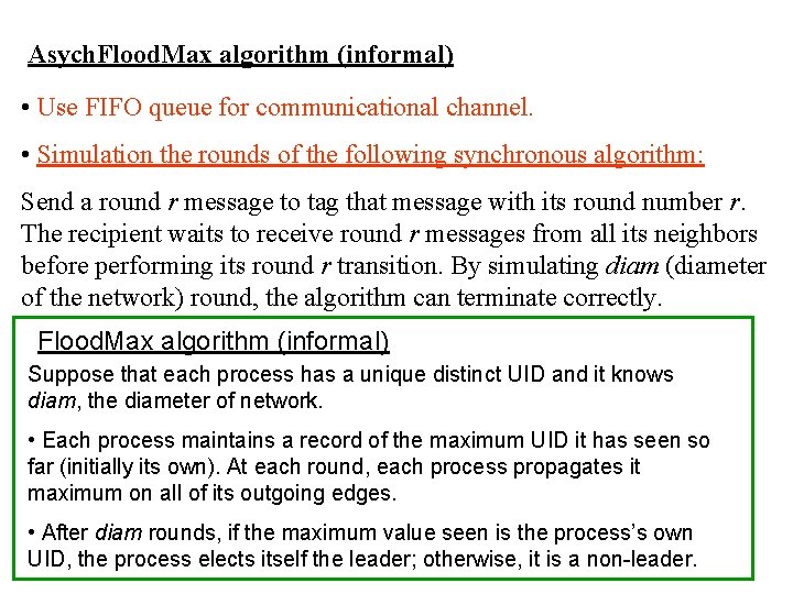 Asych. Flood. Max algorithm (informal) • Use FIFO queue for communicational channel. • Simulation