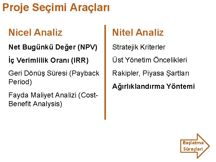 Proje Seçimi Araçları Nicel Analiz Nitel Analiz Net Bugünkü Değer (NPV) Stratejik Kriterler İç