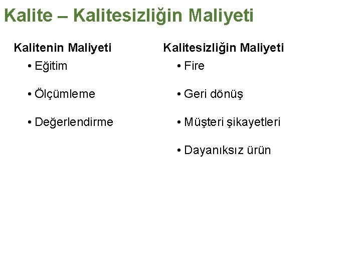 Kalite – Kalitesizliğin Maliyeti Kalitenin Maliyeti • Eğitim Kalitesizliğin Maliyeti • Fire • Ölçümleme