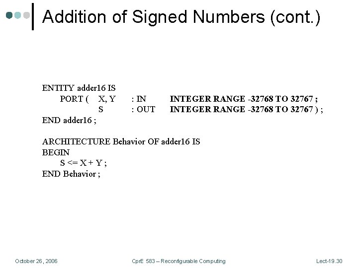 Addition of Signed Numbers (cont. ) ENTITY adder 16 IS PORT ( X, Y