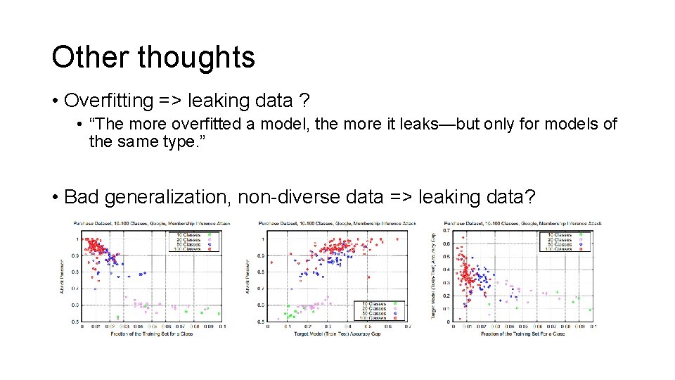 Other thoughts • Overfitting => leaking data ? • “The more overfitted a model,