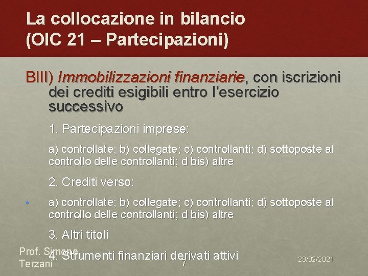 La collocazione in bilancio (OIC 21 – Partecipazioni) BIII) Immobilizzazioni finanziarie, con iscrizioni dei