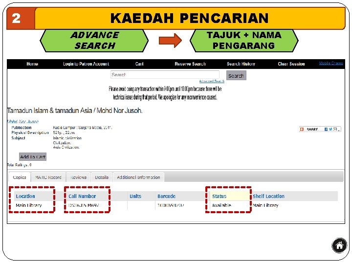 2 KAEDAH PENCARIAN ADVANCE SEARCH TAJUK + NAMA PENGARANG 