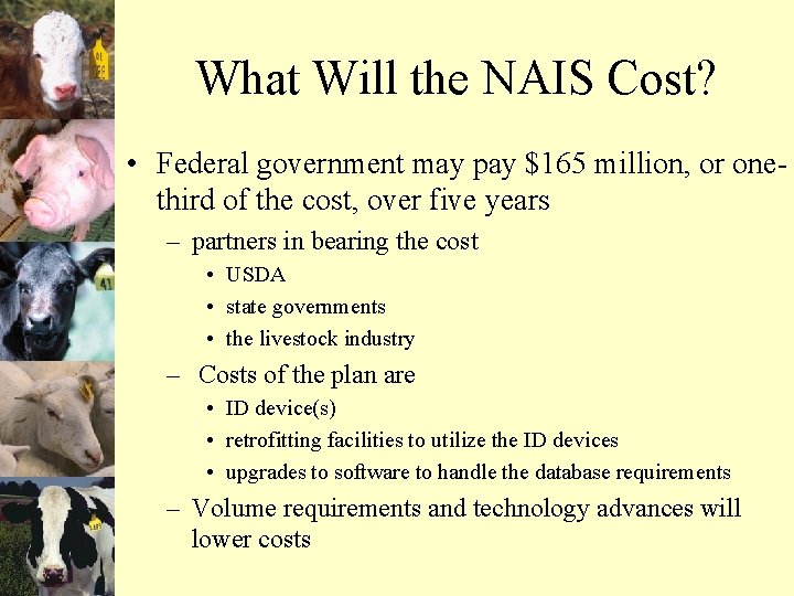What Will the NAIS Cost? • Federal government may pay $165 million, or onethird