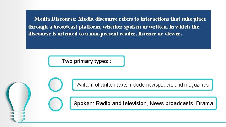 Media Discourse: Media discourse refers to interactions that take place through a broadcast platform,