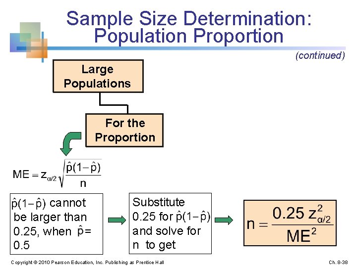 Sample Size Determination: Population Proportion (continued) Large Populations For the Proportion cannot be larger