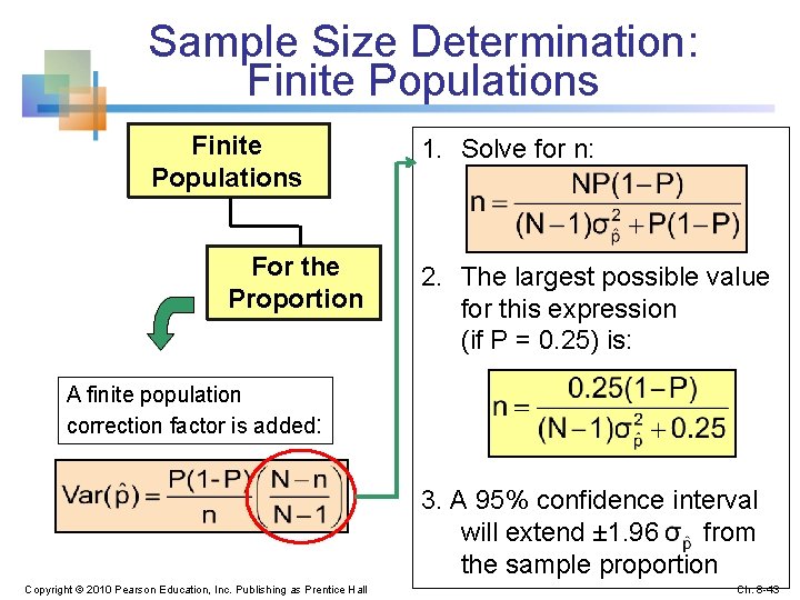 Sample Size Determination: Finite Populations For the Proportion 1. Solve for n: 2. The