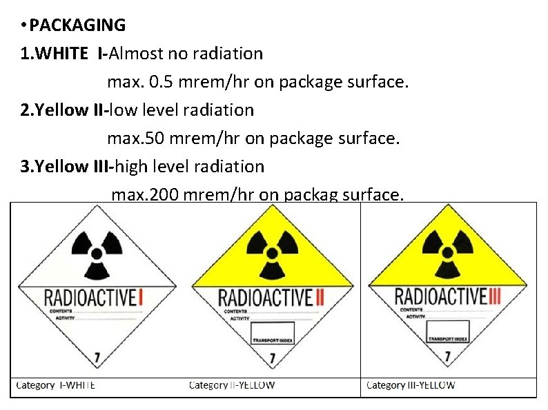  • PACKAGING 1. WHITE I-Almost no radiation max. 0. 5 mrem/hr on package