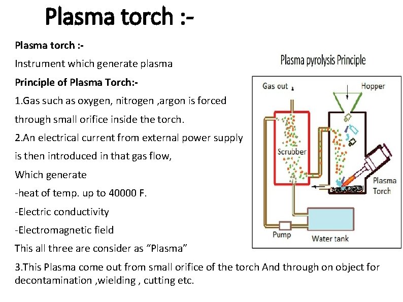 Plasma torch : Instrument which generate plasma Principle of Plasma Torch: 1. Gas such