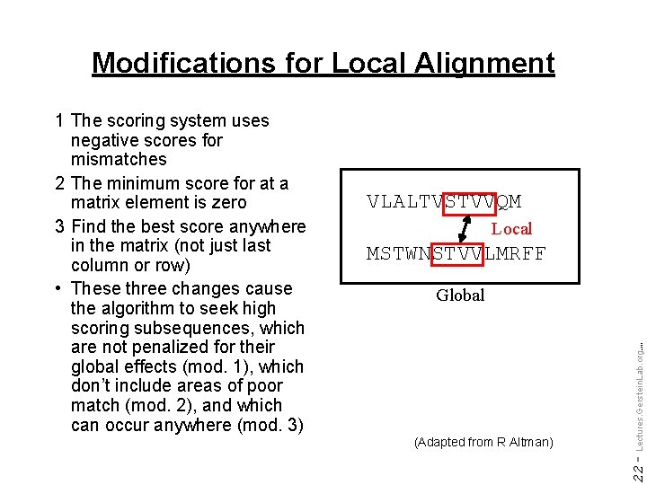Modifications for Local Alignment VLALTVSTVVQM Local MSTWNSTVVLMRFF (Adapted from R Altman) Do not reproduce