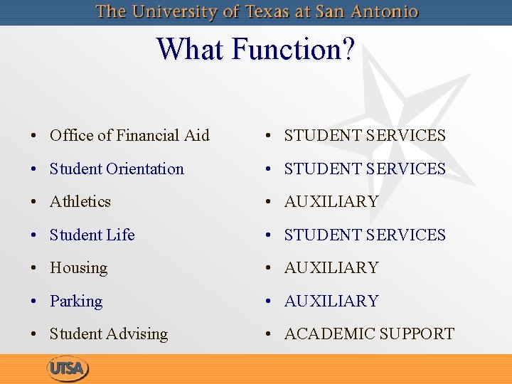 What Function? • Office of Financial Aid • STUDENT SERVICES • Student Orientation •