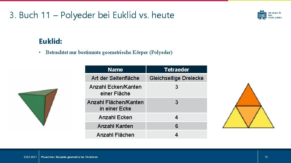 3. Buch 11 – Polyeder bei Euklid vs. heute Euklid: • Betrachtet nur bestimmte