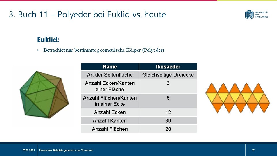 3. Buch 11 – Polyeder bei Euklid vs. heute Euklid: • Betrachtet nur bestimmte