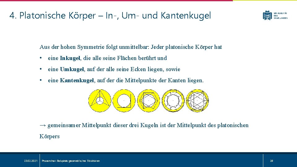 4. Platonische Körper – In-, Um- und Kantenkugel Aus der hohen Symmetrie folgt unmittelbar: