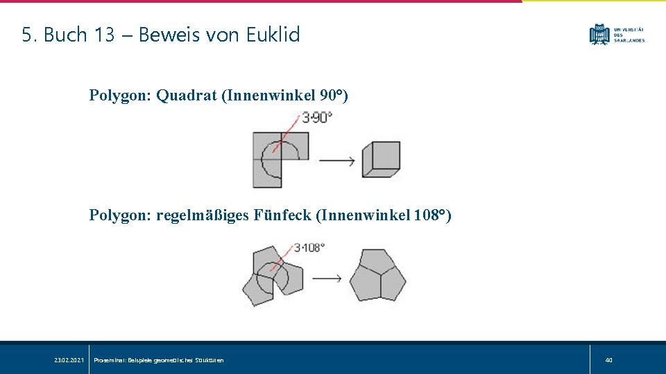 5. Buch 13 – Beweis von Euklid Polygon: Quadrat (Innenwinkel 90°) Polygon: regelmäßiges Fünfeck
