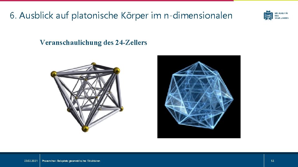 6. Ausblick auf platonische Körper im n-dimensionalen Veranschaulichung des 24 -Zellers 23. 02. 2021