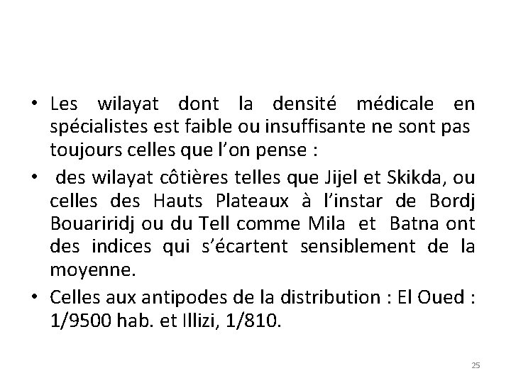 • Les wilayat dont la densité médicale en spécialistes est faible ou insuffisante