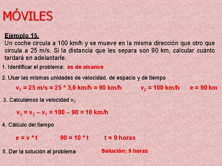 MÓVILES Ejemplo 15. Un coche circula a 100 km/h y se mueve en la