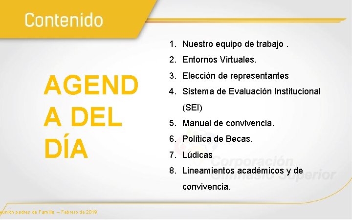 1. Nuestro equipo de trabajo. 2. Entornos Virtuales. AGEND A DEL DÍA eunión padres