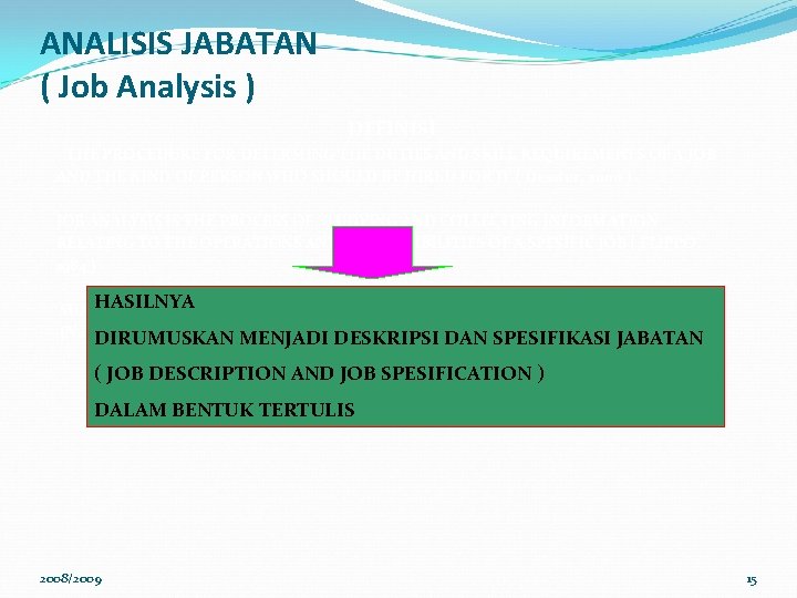 ANALISIS JABATAN ( Job Analysis ) DEFINISI THE PROCEDURE FOR DETERMING THE DUTIES AND