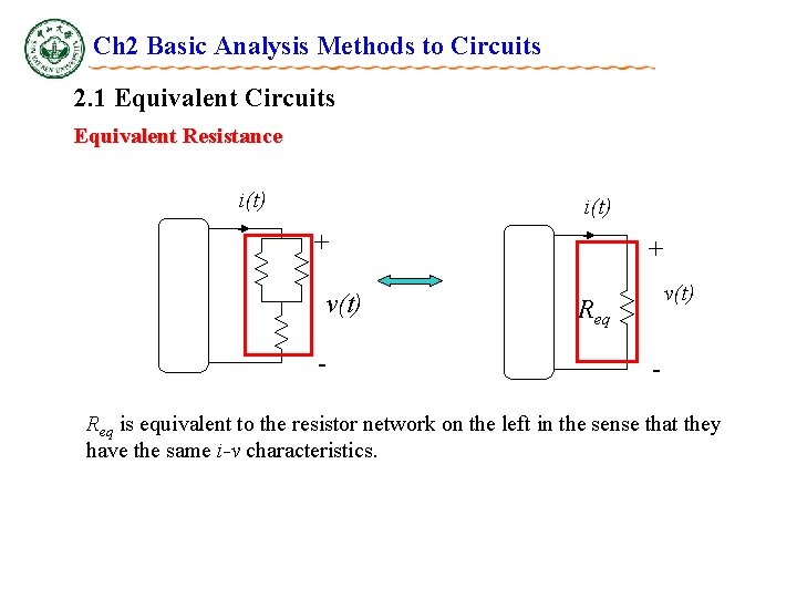 Ch 2 Basic Analysis Methods to Circuits 2. 1 Equivalent Circuits Equivalent Resistance i(t) Ch 2 Basic Analysis Methods to Circuits 2. 1 Equivalent Circuits Equivalent Resistance i(t)