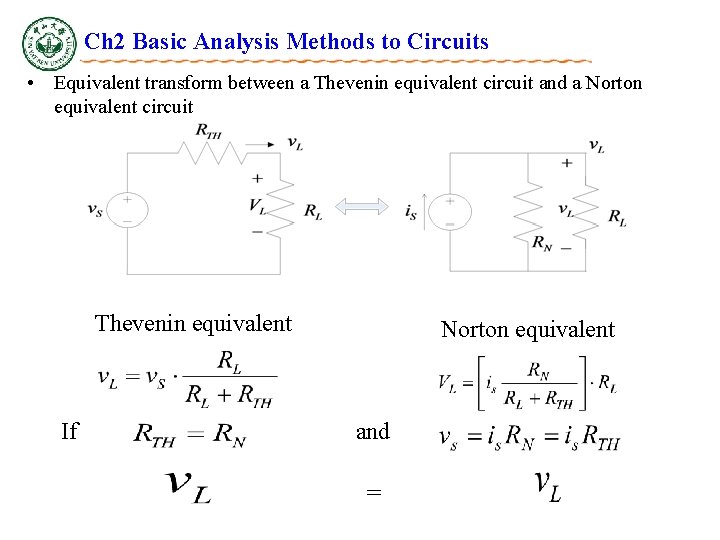 Ch 2 Basic Analysis Methods to Circuits • Equivalent transform between a Thevenin equivalent Ch 2 Basic Analysis Methods to Circuits • Equivalent transform between a Thevenin equivalent