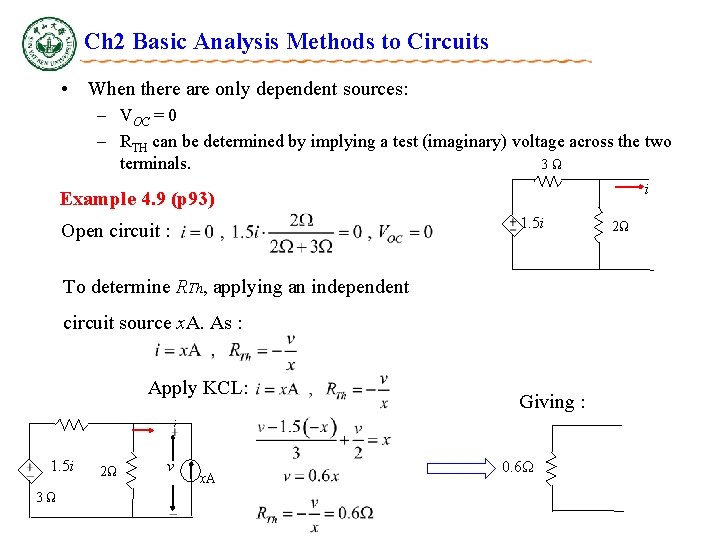 Ch 2 Basic Analysis Methods to Circuits • When there are only dependent sources: Ch 2 Basic Analysis Methods to Circuits • When there are only dependent sources: