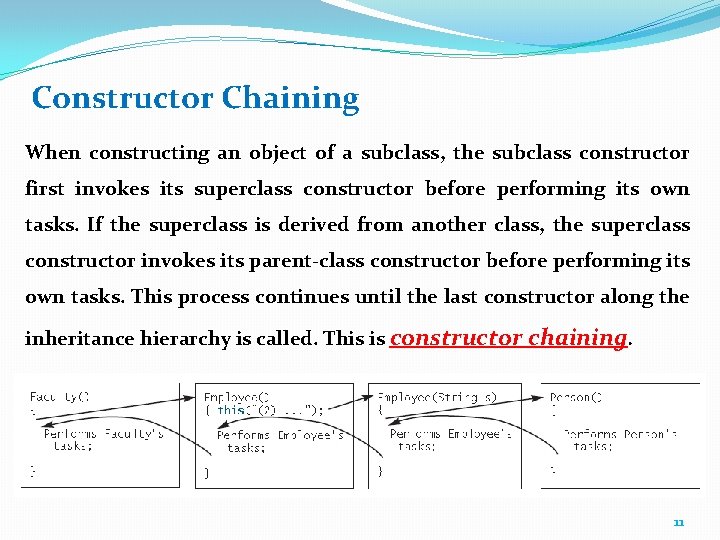 Constructor Chaining When constructing an object of a subclass, the subclass constructor first invokes
