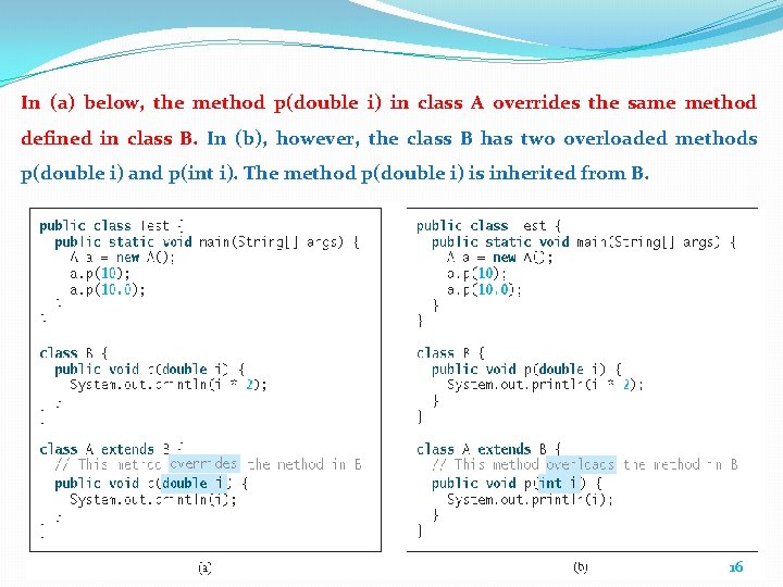 In (a) below, the method p(double i) in class A overrides the same method