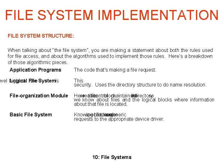 FILE SYSTEM IMPLEMENTATION FILE SYSTEM STRUCTURE: When talking about “the file system”, you are