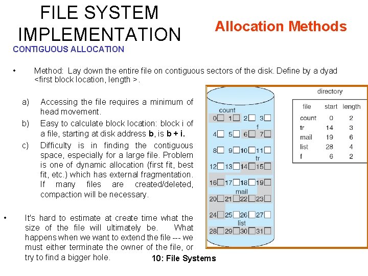 FILE SYSTEM IMPLEMENTATION Allocation Methods CONTIGUOUS ALLOCATION • Method: Lay down the entire file FILE SYSTEM IMPLEMENTATION Allocation Methods CONTIGUOUS ALLOCATION • Method: Lay down the entire file