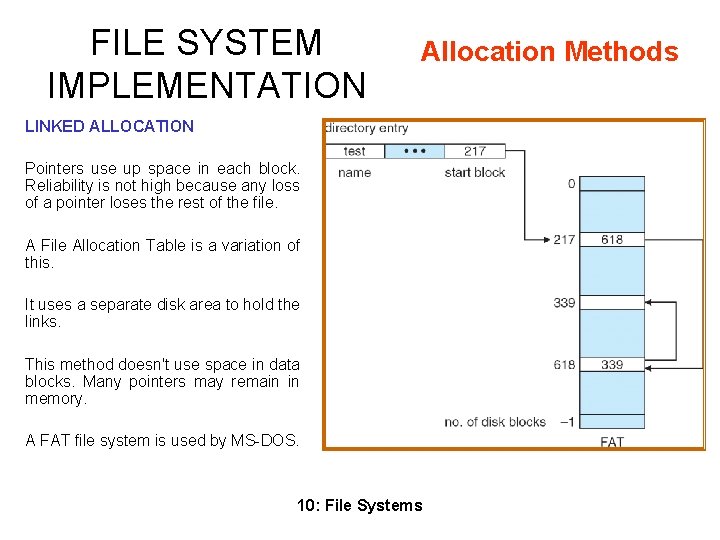 FILE SYSTEM IMPLEMENTATION Allocation Methods LINKED ALLOCATION Pointers use up space in each block. FILE SYSTEM IMPLEMENTATION Allocation Methods LINKED ALLOCATION Pointers use up space in each block.