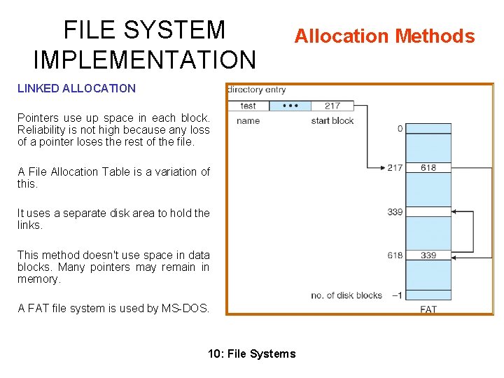 FILE SYSTEM IMPLEMENTATION Allocation Methods LINKED ALLOCATION Pointers use up space in each block.