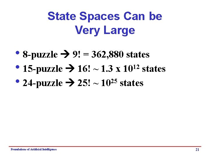 State Spaces Can be Very Large i 8 -puzzle 9! = 362, 880 states