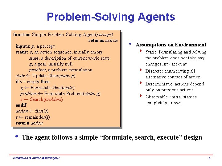 Problem-Solving Agents function Simple-Problem-Solving-Agent(percept) returns action inputs: p, a percept static: s, an action