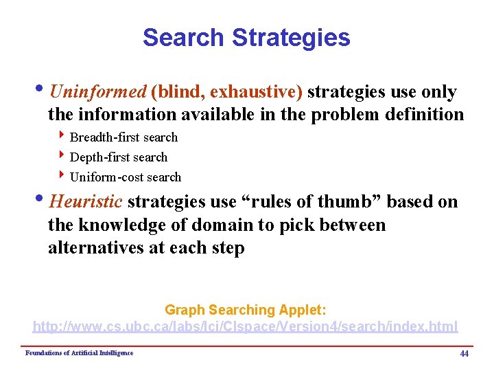 Search Strategies i. Uninformed (blind, exhaustive) strategies use only the information available in the