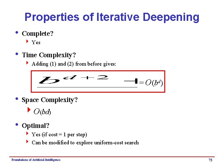 Properties of Iterative Deepening i Complete? 4 Yes i Time Complexity? 4 Adding (1)