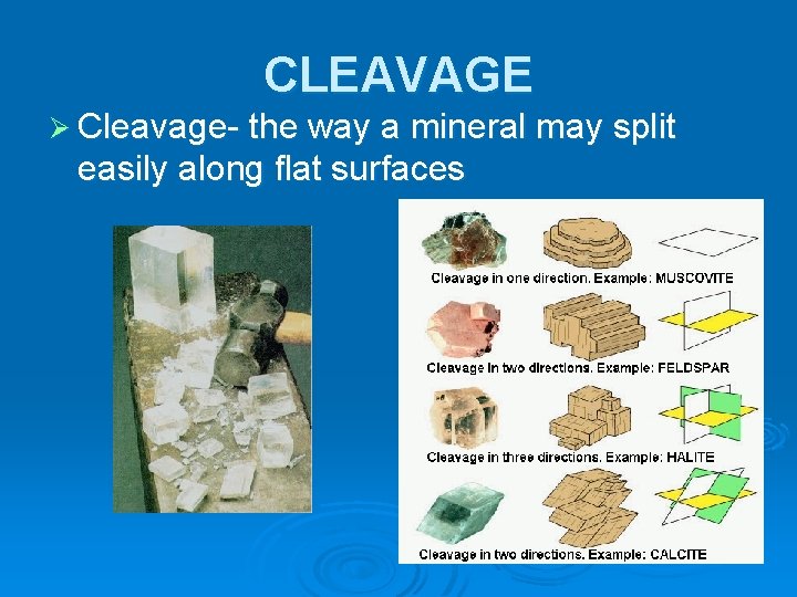 CLEAVAGE Ø Cleavage- the way a mineral may split easily along flat surfaces 