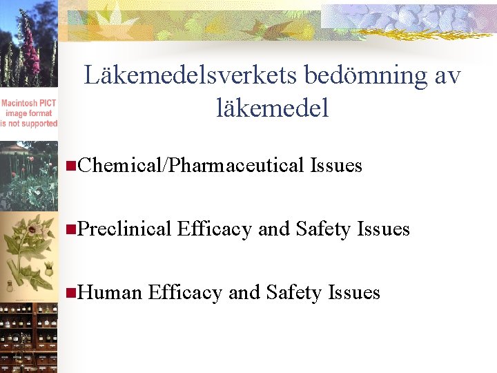 Läkemedelsverkets bedömning av läkemedel n. Chemical/Pharmaceutical Issues n. Preclinical Efficacy and Safety Issues n.