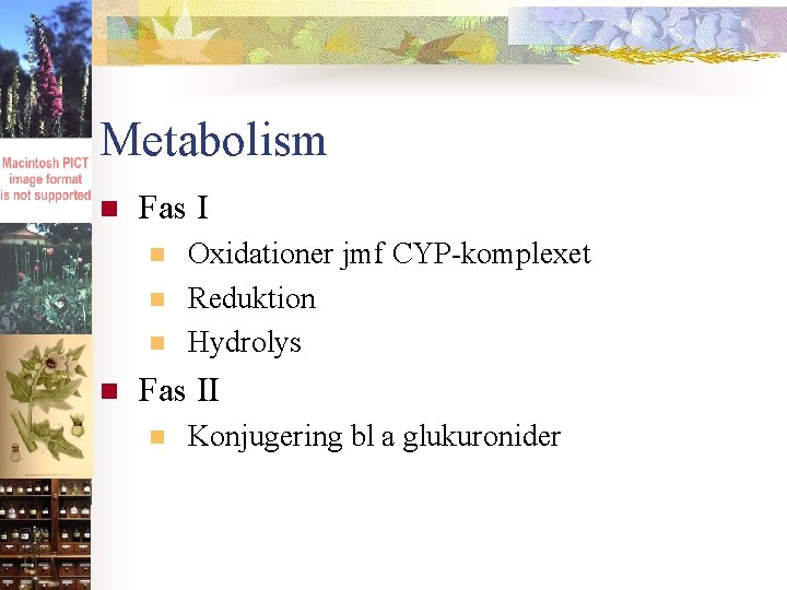 Metabolism n Fas I n n Oxidationer jmf CYP-komplexet Reduktion Hydrolys Fas II n