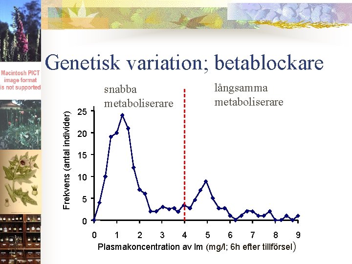 Frekvens (antal individer) Genetisk variation; betablockare snabba metaboliserare 25 långsamma metaboliserare 20 15 10