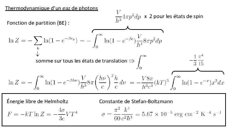 Thermodynamique d’un gaz de photons x 2 pour les états de spin Fonction de