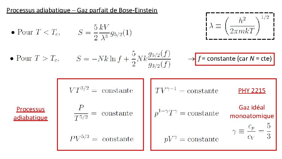 Processus adiabatique – Gaz parfait de Bose-Einstein f = constante (car N = cte)